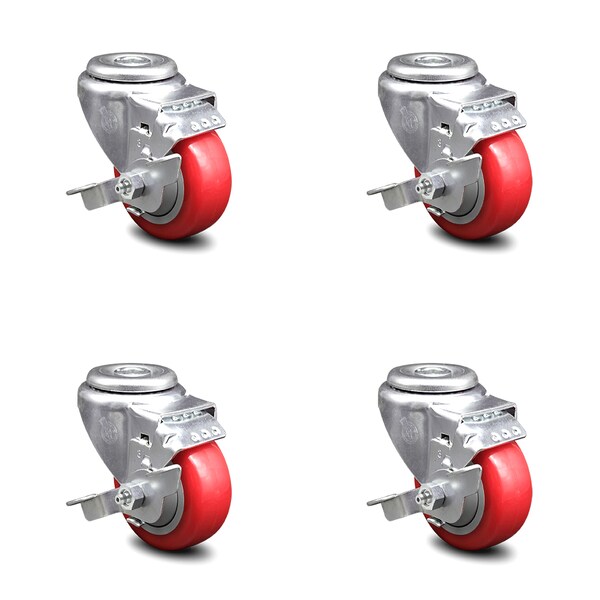 3.5 Inch Red Polyurethane Wheel Swivel Bolt Hole Caster Set with Brake SCC